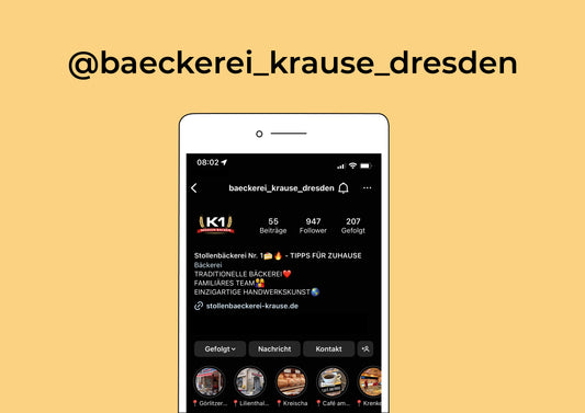 Bäckerei Krause jetzt auf Instagram, Smartphone mit Social-Media-Beitrag über frische Backwaren